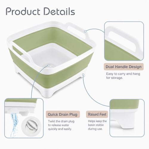 Collapsible Dish Basin with Drain Plug, Foldable Wash Basin 2.4 Gal (9L) - color: Green