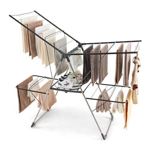 Tangkula Laundry Drying Rack, Foldable Clothes Drying Rack with Height Adjustable Wings, 33 Drying Rails & Sock Clips, Freestanding Gullwing Garment Stand for Indoor & Outdoor Use (Sliver+Grey) - color: Sliver+grey
