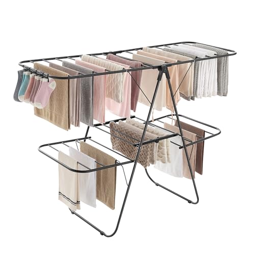 SONGMICS Clothes Drying Rack, Foldable 2-Level Stee Laundry Drying Rack - color: Black, size: 2 Tiers（22"d x 61.8"w x 64.3''h )