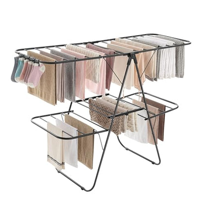 SONGMICS Clothes Drying Rack, Foldable 2-Level Stee Laundry Drying Rack - color: Black, size: 2 Tiers（22"d x 61.8"w x 64.3''h )