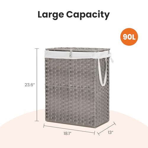 Laundry Hamper with Lid, 90 L Large Capacity Hamper, Rattan Laundry Basket with Compartments & Handles, Foldable, Removable Liner, Dove Gray - color: Dove Gray, size: 90 L