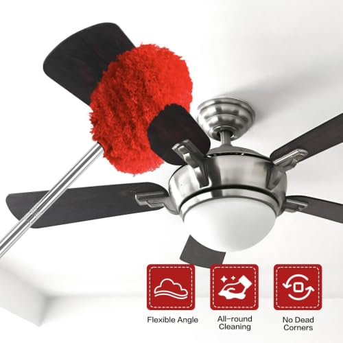 Ceiling Fan Cleaner Duster Reusable Microfiber Ceiling Fan Blade Cleaner Removable Duster with Extension Pole Adjusts 13 to 49.7 Inch for Cleaning Walls Bookshelves Furniture Door Window Top (Red) - color: Red