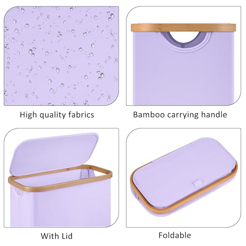 Slim Laundry Basket,60L Laundry Hamper with Lid, Tall Hamper for Laundry,Dirty Cloth Hamper with Bamboo Handle for Towels, Clothes Organizing,Purple - color: Purple, size: 60L Slim
