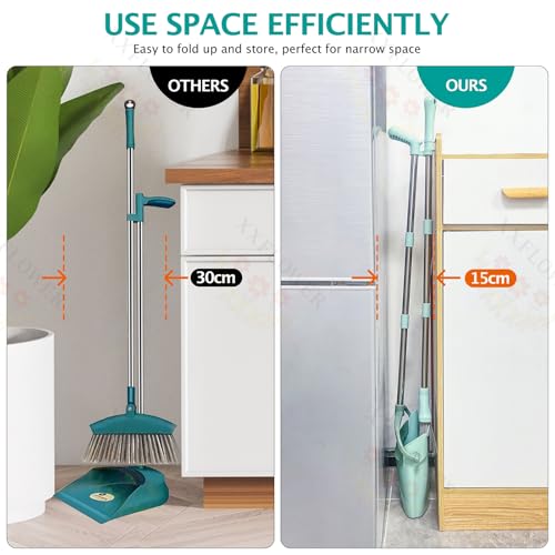 XXXFLOWER Broom and Dustpan Set with Cleaning Teeth, 54.5" Long Handle Indoor Sweeping Combo for Home Office Kitchen, Bluish Green