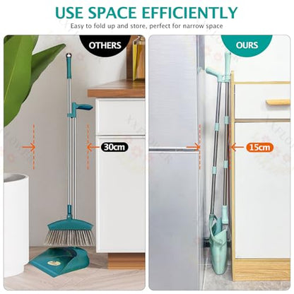 XXXFLOWER Broom and Dustpan Set with Cleaning Teeth, 54.5" Long Handle Indoor Sweeping Combo for Home Office Kitchen, Bluish Green