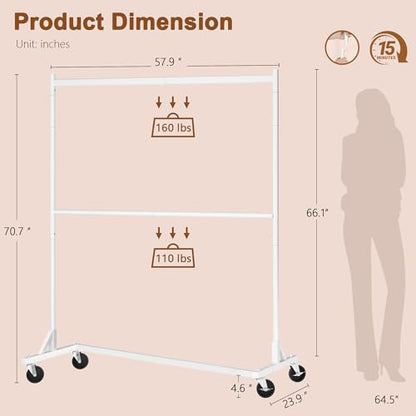 Hoctieon Double Rod Z Rack, Rolling Clothes Racks with Z-Base, Adjustable Clothing Rack, Standing Clothes Rack, Metal Clothing Racks for Hanging Clothes, Portable Garment Rack, White - color: White (1 Pack)