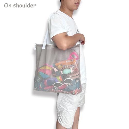 4PCS Large Mesh Beach Tote Bags With Drawstring For Swim,Travel,Poolside - color: White Handle
