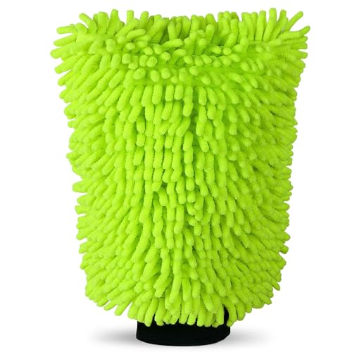 Fluorescent Green Microfiber Car Wash Mitt – Thickened Chenille Cleaning Glove for Car Windows & Detailing, Dual Use Wet/Dry - color: Green