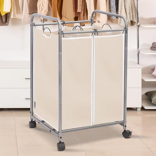 STORAGE MANIAC Laundry Sorter 2 Section, 90 L Gal Laundry Hamper with Wheels, Clothes Basket Separator Sorter, 2 Bag Cart and Removable Bags for Closet, Dorm, Collage, Beige - color: Beige, size: 2 Section