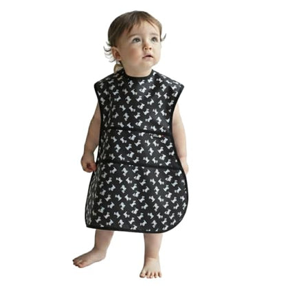 Plie Full Coverage Waterproof Feeding Bib for Toddlers – Extra Long Apron Bib for Mealtime, Self-Feeding, High Chairn - color: Black/Puppy