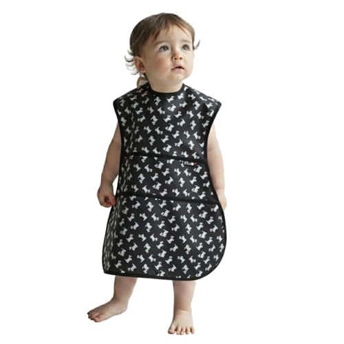 Plie Full Coverage Waterproof Feeding Bib for Toddlers – Extra Long Apron Bib for Mealtime, Self-Feeding, High Chairn - color: Black/Puppy