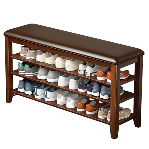 Taitiy Shoe Rack Bench,3 Tier Adjustable Shelves Rubberwood 39.4'' - color: Walnut, size: 39.4''