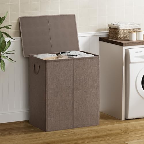 Chrislley Double Laundry Hamper with Lid, 140L Laundry Basket 2 Section - color: Brown, size: 140l(24.0"l X 14.2"w X 25.2"h)