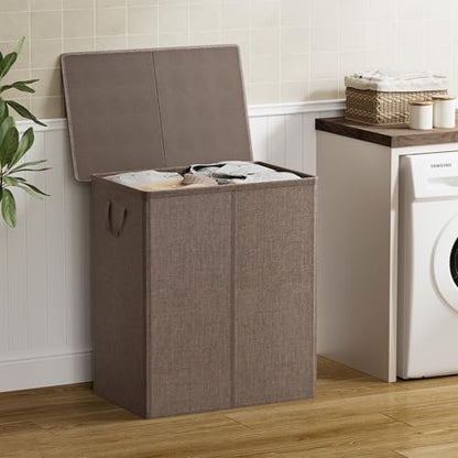Chrislley Double Laundry Hamper with Lid, 140L Laundry Basket 2 Section - color: Brown, size: 140l(24.0"l X 14.2"w X 25.2"h)