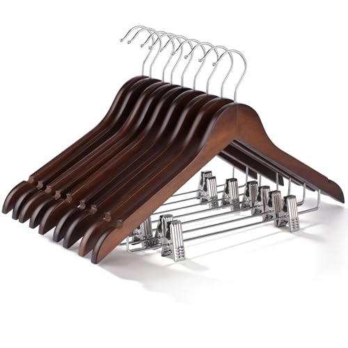 Wooden Hangers with Clips 12 PCS Pant Hangers with Clips,Smooth Solid Wooden Pants Hangers,360 Swivel Hooks & Adjustable Clips,for Jeans,Skirt,Suit,Shorts,Scarf.（Walnut） - color: Walnut