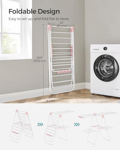 SONGMICS Clothes Drying Rack, Foldable 2-Level Stee Laundry Drying Rack - color: White + Pink, size: 2 Tiers（22"D x 61.8"W x 64.3''H )