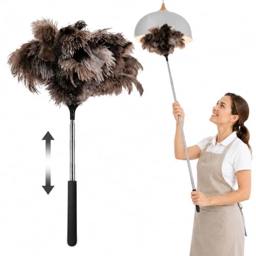 Extendable Ostrich Feather Duster 17–40 Inch, Fluffy Long Handle Reusable Feather Duster, Feather Dusters for Cleaning Ceiling Fan,Pendant lamp, High Ceiling, Blinds, Furniture