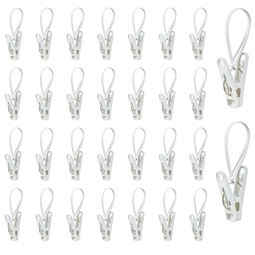 30 Piece Set of Multi-Purpose Laundry Hook and Loop, White Hanger Clips for Pants, Wardrobe Organizer with Plastic Rope Buckle, Suitable for Hats, Socks, Boots, Towels, Bathroom