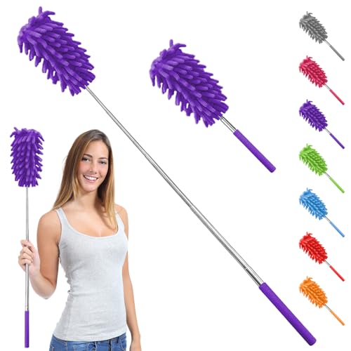 Microfiber Feather Duster with 30 in Telescoping Pole, Washable Chenille Head for Ceiling Fans, Blinds and Furniture, Purple - color: Purple