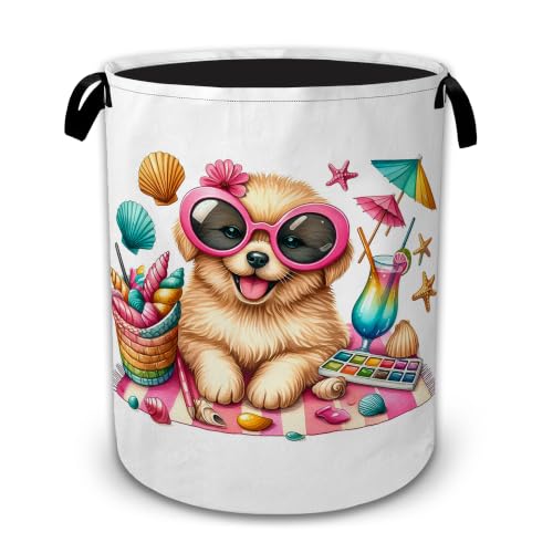 Beach Puppy Summer Vacation Collapsible Laundry Hamper for Bedroom, Freestanding Oxford Clothes Basket, Large Foldable Storage Bin with Easy-Carry Handles for Bathroom Dorm Laundry Room - color: Beach Puppy Summer Vacation