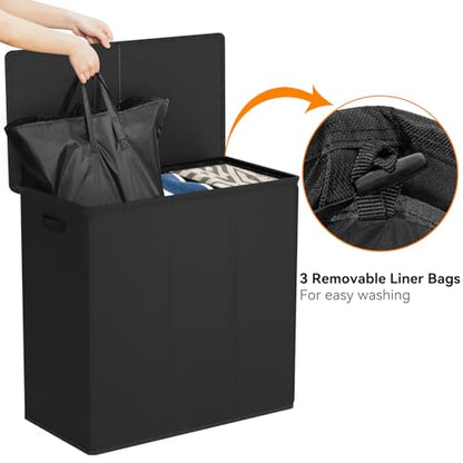 WOWLIVE 180L Laundry Hamper 3 Section, Large Laundry Basket with Lid - color: Black, size: 180l (31.5"L x 12.5"W x 28"H)