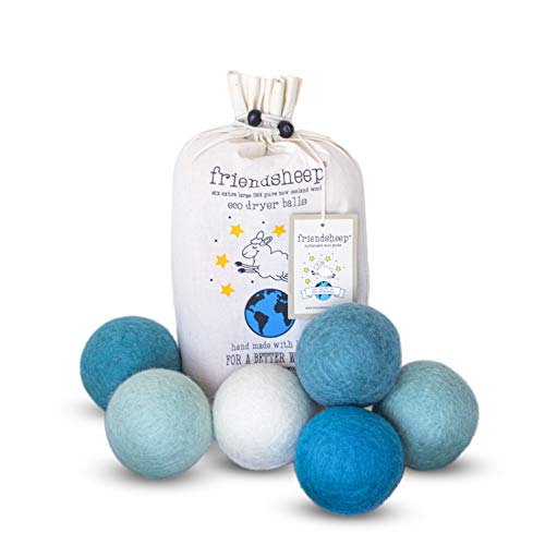 Friendsheep Wool Dryer Balls, Organic Reusable Fabric Softener Alternative for Laundry, Handmade, Fair Trade, Hypoallergenic, Eco-Friendly, Plastic-Free (6 Pack XL - Blue Ocean) - color: Blue Ocean, size: 1 Count (Pack of 6)