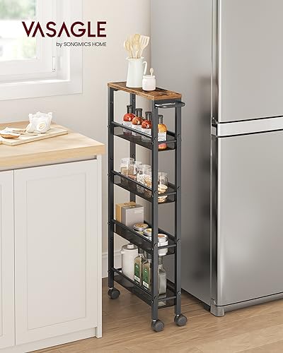 VASAGLE 5-Tier Slim Rolling Storage cart with Wheels, 5.1 Inches, Metal - color: Rustic Brown + Classic Black, size: 5 Tiers (5.1"D x 39.2"H)