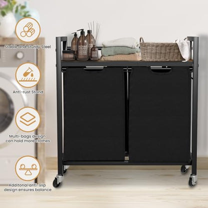 SwaaVee Laundry Sorter, Laundry Hamper with Wooden Top Shelf, 2×14.5Gal(110L), Metal Frame laundry basket with wheels, Pull out and Removable Laundry Bags, 2 Bags-Black - color: Black