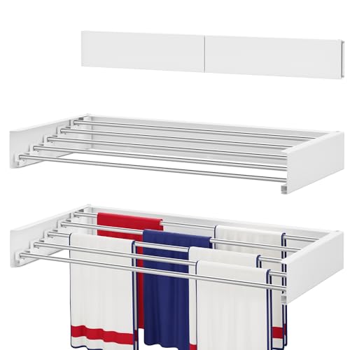 Wall Mounted Drying Rack 23.6", Foldable Laundry Drying Rack with Stainless Steel Rods, Retractable Laundry Space Saver for Indoor & Outdoor Use, Include Wall Template - color: White, size: 23.6" Wide