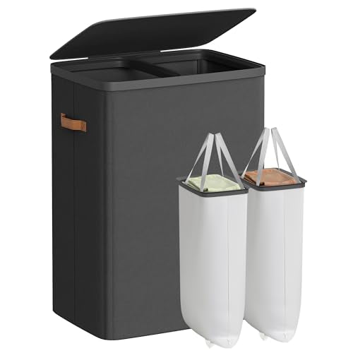 SONGMICS Laundry Basket, 170L Laundry Hamper with Lid, 2 Removable Bags - color: Ink Black, size: 170 L (2-Section)