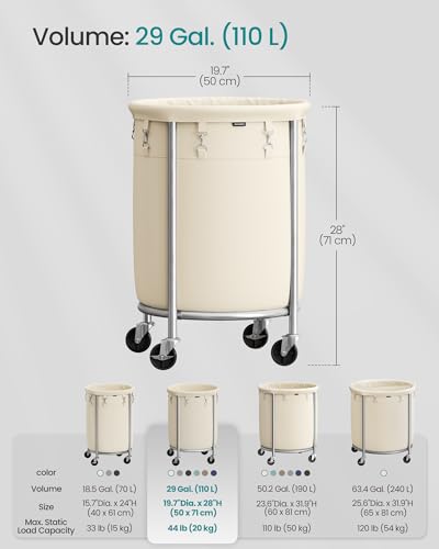 SONGMICS Laundry Basket with Wheels, 29 Gal., Steel Frame, Removable Bag - color: Cream White + Metallic Silver, size: 110 L (1-Section)