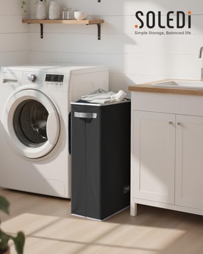 SOLEDI Slim Laundry Basket with Lid, Narrow Laundry Hamper for Small Space - color: Black, size: 70L