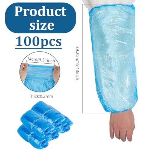 AHANDMAKER 200 Pcs Plastic Arm Sleeves Waterproof Protective Cover 15.43in Long Disposable Sleeve Protectors for Cleaning Painting Cooking Decoration, Deep Sky Blue
