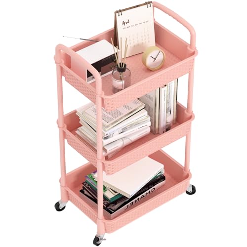 MOYIPIN 3-Tier Plastic Rolling Utility Cart with Handle,Utility,Pink - color: Pink, size: 3-Tiers without cups