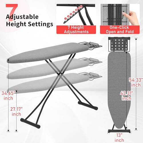 Ironing Board, 43"×13" with Iron Rest, 4 Layer 7 Adjustable Height & Sturdy - color: Black Gray, size: 43"L x 13"W