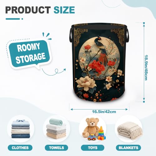 Laundry Hamper,Oriental Crane Bird Collapsible Laundry Basket with Handles,Retro Peony Floral Waterproof Oxford Cloth Clothes Organizer for Bedroom Bathroom Dorm Nursery,16 x 20 Inch - color: Oriental Crane Bird,Retro Peony Floral