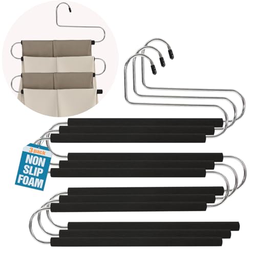 Multi Tiered Space Saving Padded No Crease 4 Layer Pants Hangers Black 3 - color: Black