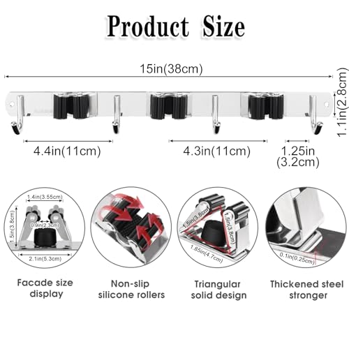 2 Pack Broom Holder Wall Mount, 3 Racks 4 Hooks Mop and Broom Organizer - color: 3 Racks & 4 Hooks (Silver) - 2 Pack