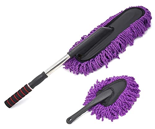Removable Telescopic Car Wax Drag Nano Fiber Car Wash Brush Car Dusting Tool Car Mop Wax Duster Exterior Interior Cleaning Kit (Premium Car Duster & Dash Duster 2 Pcs Set, Purple) - color: Purple, size: Premium Car Duster & Dash Duster 2 Pcs Set