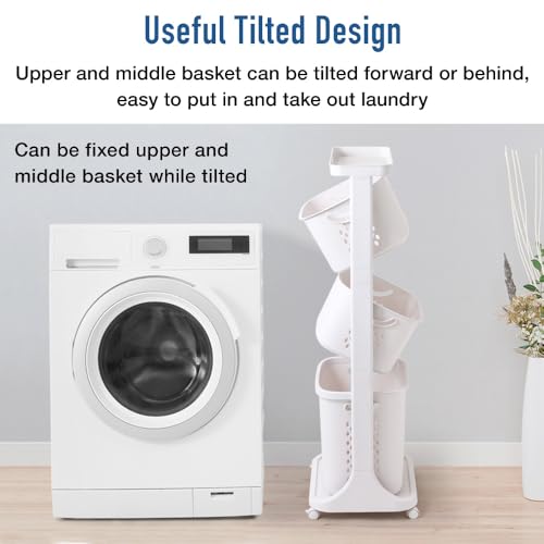 Japard 18 Gal Rolling Laundry Hamper Ultra Slim, Vertical 3 Sorter Cart with Wheels and Breaks, 3-tier Baskets Detachable for Dorm, Closet, Easy Assembly White Gray