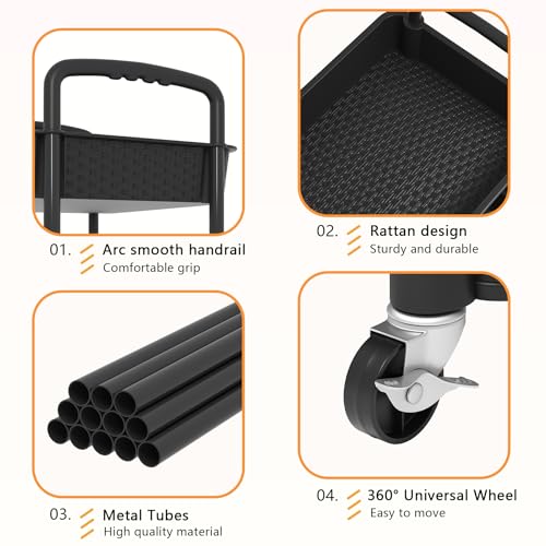 MOYIPIN 3-Tier Plastic Rolling Utility Cart with Handle,Black - color: Black, size: 3-Tiers without cups