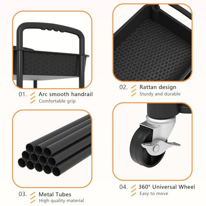 MOYIPIN 3-Tier Plastic Rolling Utility Cart with Handle,Black - color: Black, size: 3-Tiers without cups