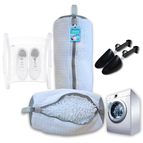 Laundry Shoe Bag 2-Pack for Washer & Dryer — Shoe Washing Machine Bag with Adjustable Shoe Trees & Door Drying Mesh — Mesh Laundry Bags for Shoes — Clean Quiet Washes, Sneaker Cleaning Bag