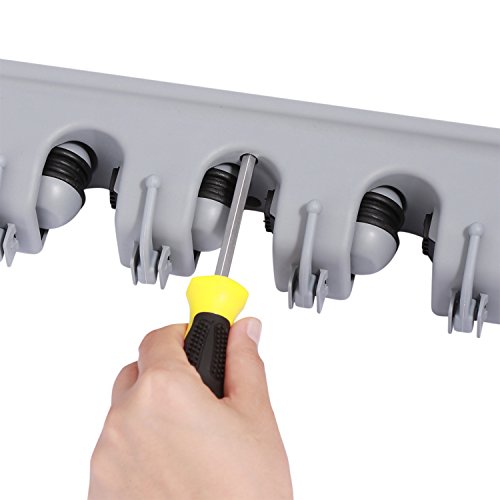 TOGU Mop and Broom Holder Wall Mounted 4 Position Storage Rack with 5 Retractable Hooks Holds up to 9 Tools Utility Weatherproof Holder for Garage Storage Systems Broom Organizer,Gray