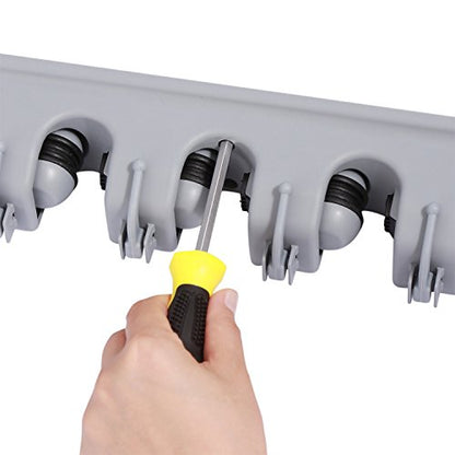 TOGU Mop and Broom Holder Wall Mounted 4 Position Storage Rack with 5 Retractable Hooks Holds up to 9 Tools Utility Weatherproof Holder for Garage Storage Systems Broom Organizer,Gray