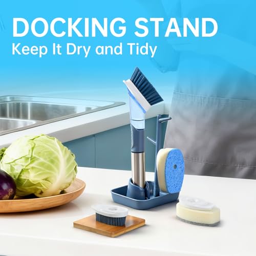 Soap Dispensing Scrub Brush - 4-in-1 Kitchen Cleaning Brush with Built-in Tank, Scraper Heads for Stubborn Grime on Pots Pans, Stand/Hang Storage-Blue - color: Blue