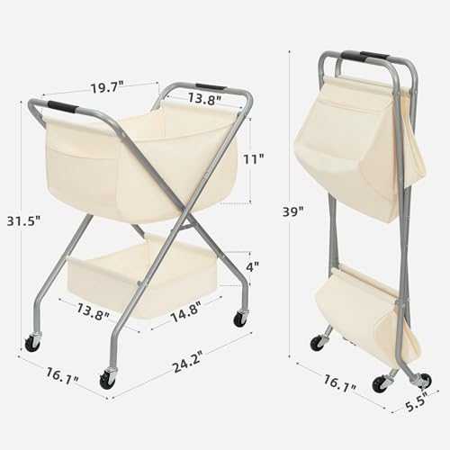 STORAGE MANIAC Collapsible Laundry Cart with Wheels 31.5"H Rolling Laundry Hamper Clothes Basket with Wheels, Canvas Liner Sturdy Steel Frame Folding for Small Narrow Space Easy Storage, Beige - color: Beige, size: 31.5"H with Handle