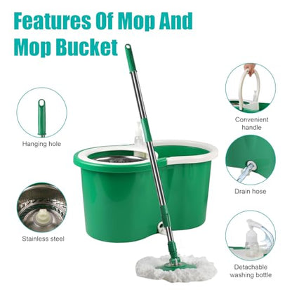 Spin Mop and Bucket with Wringer Set, 3 Microfiber Mop Heads, 61" Handle - color: Green