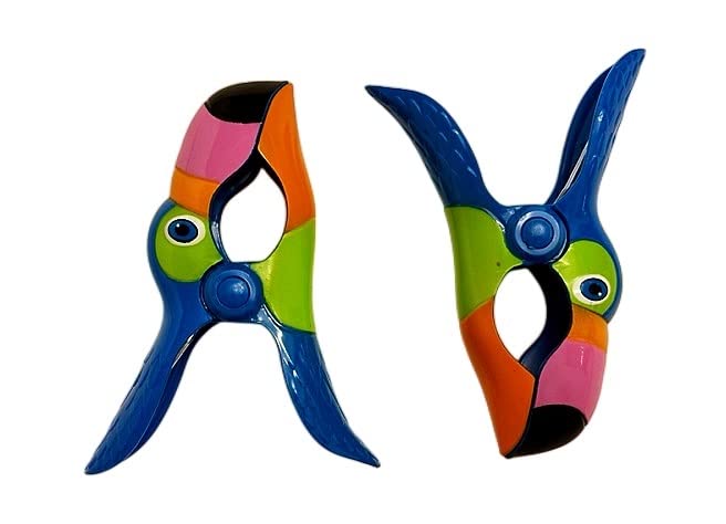 2 Set (4 Ct) Blue Toucan/Blue Parrot Beach Towel Clips Jumbo Size for Beach Chair, Cruise Beach Patio, Pool Accessories for Chairs, Household Clip, Baby Stroller