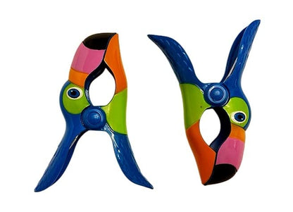 2 Set (4 Ct) Blue Toucan/Blue Parrot Beach Towel Clips Jumbo Size for Beach Chair, Cruise Beach Patio, Pool Accessories for Chairs, Household Clip, Baby Stroller